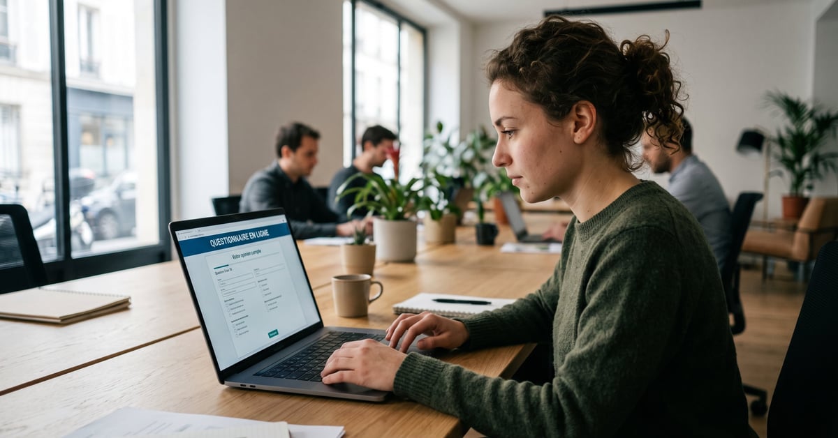 Personne complétant un questionnaire en ligne sur un ordinateur portable dans un espace de travail moderne