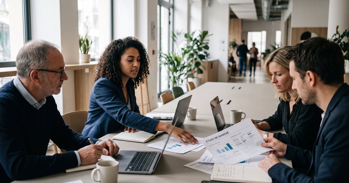 Étude de marché : analyse de données et graphiques sur un bureau professionnel moderne