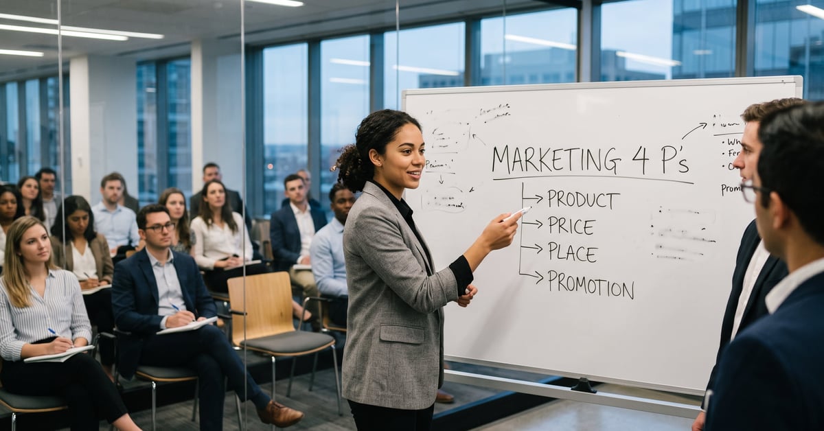 Illustration du marketing des 4 P : produit, prix, place et promotion pour une stratégie efficace