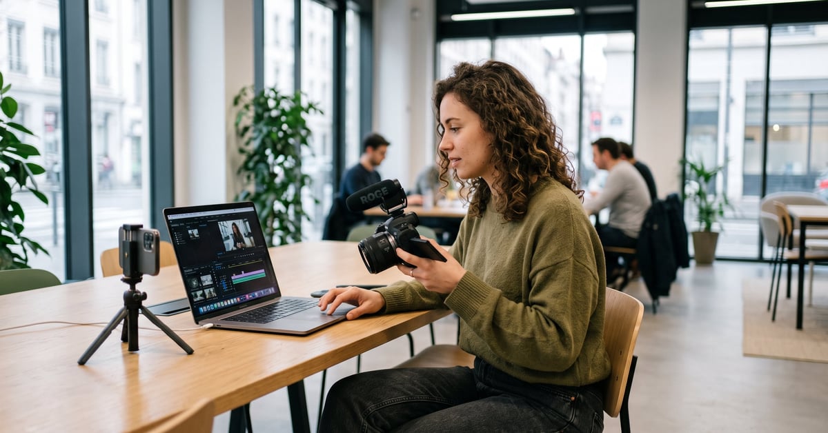 Stratégie de création de contenu : bureau moderne avec outils de planification éditoriale