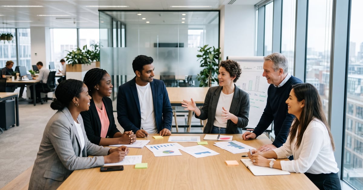 Équipe en réunion collaborative illustrant la culture d'entreprise au bureau