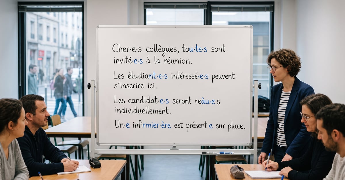 Écriture inclusive exemples : texte avec points médians et formes épicènes sur bureau moderne