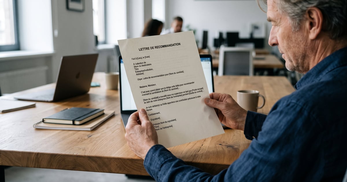 Exemple lettre de recommandation posée sur un bureau moderne avec stylo et documents professionnels