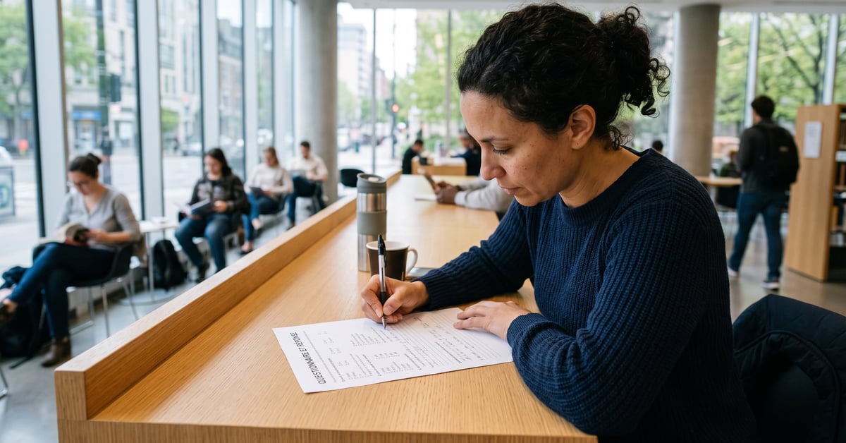 Questionnaire et réponse : formulaire papier avec stylo sur bureau moderne, vue panoramique